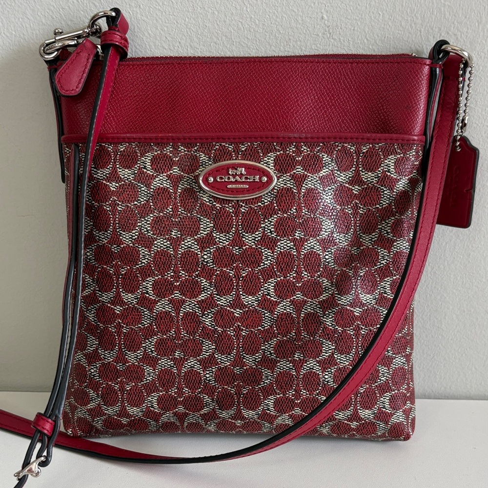 Coach Signature Red Crossbody Bag Leather Trim - Picture 13 of 13